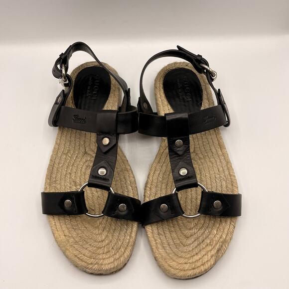 GUCCI Leather O-Ring Fisherman Espadrille Sandal Black Sz 10.5 $995 main image 12